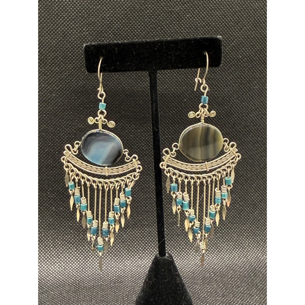 Boho Artisan Agate Chandelier Earrings Silver Tone Wire Wrapped Fringe Turquoise